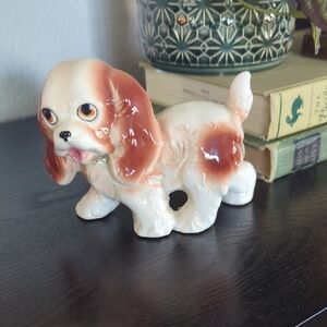 Vintage Ceramic Dog Figurine in White and Brown